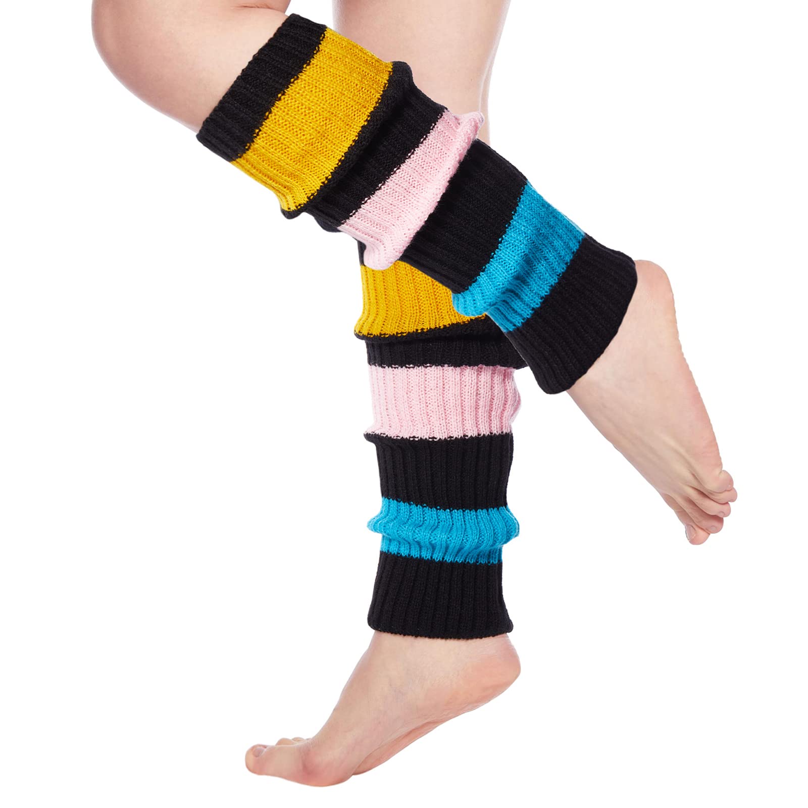 Womens Leg Warmers Neon Knitted for 80s Party Sports Yoga-Black & Blue & Pink & Yellow - Moon Wood