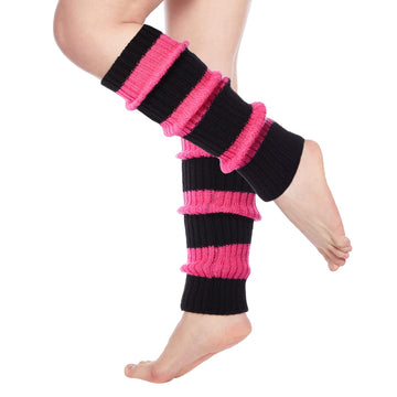 Womens Leg Warmers Neon Knitted for 80s Party Sports Yoga-Black & Bubble Gum Pink - Moon Wood