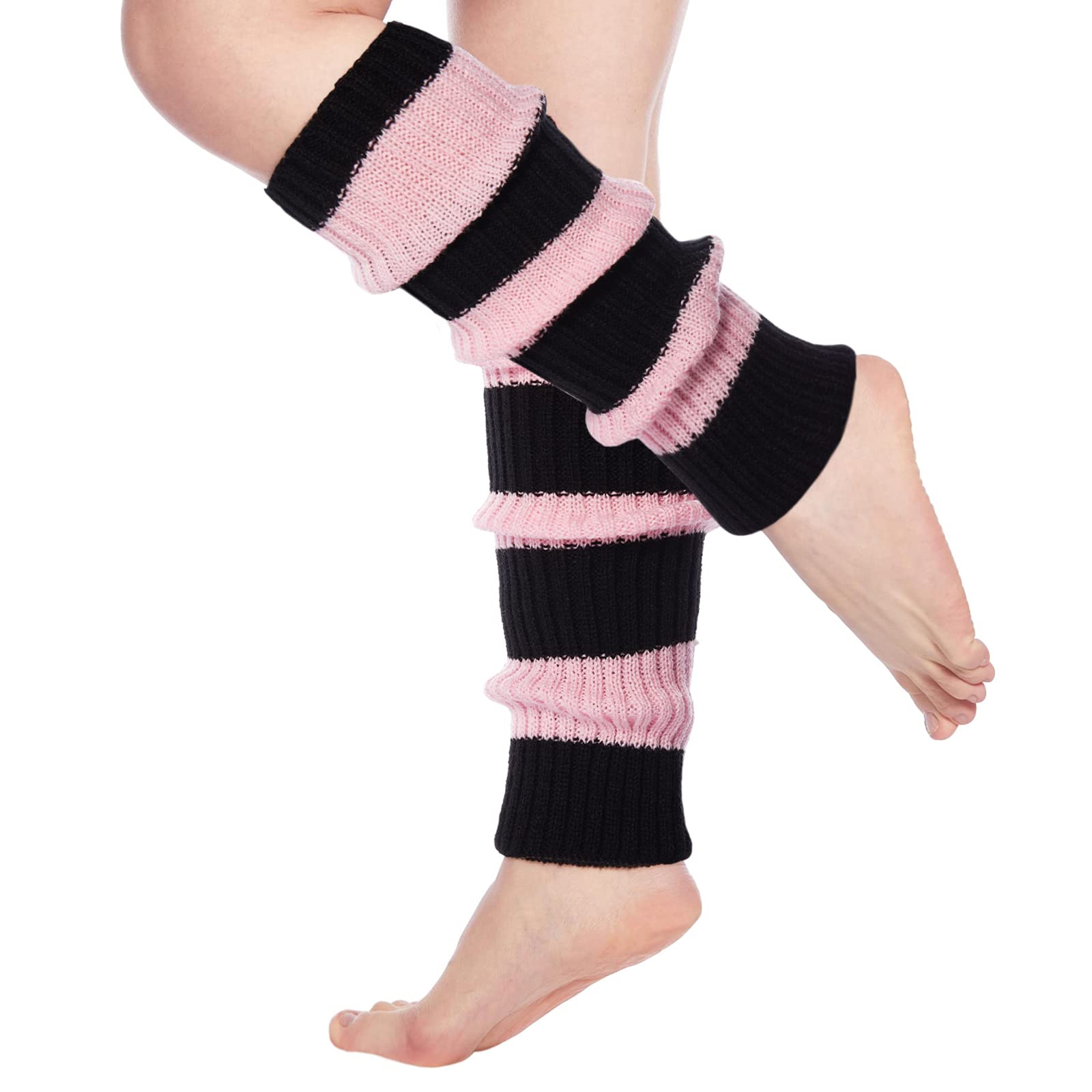 Womens Leg Warmers Neon Knitted for 80s Party Sports Yoga-Black & Light Pink - Moon Wood
