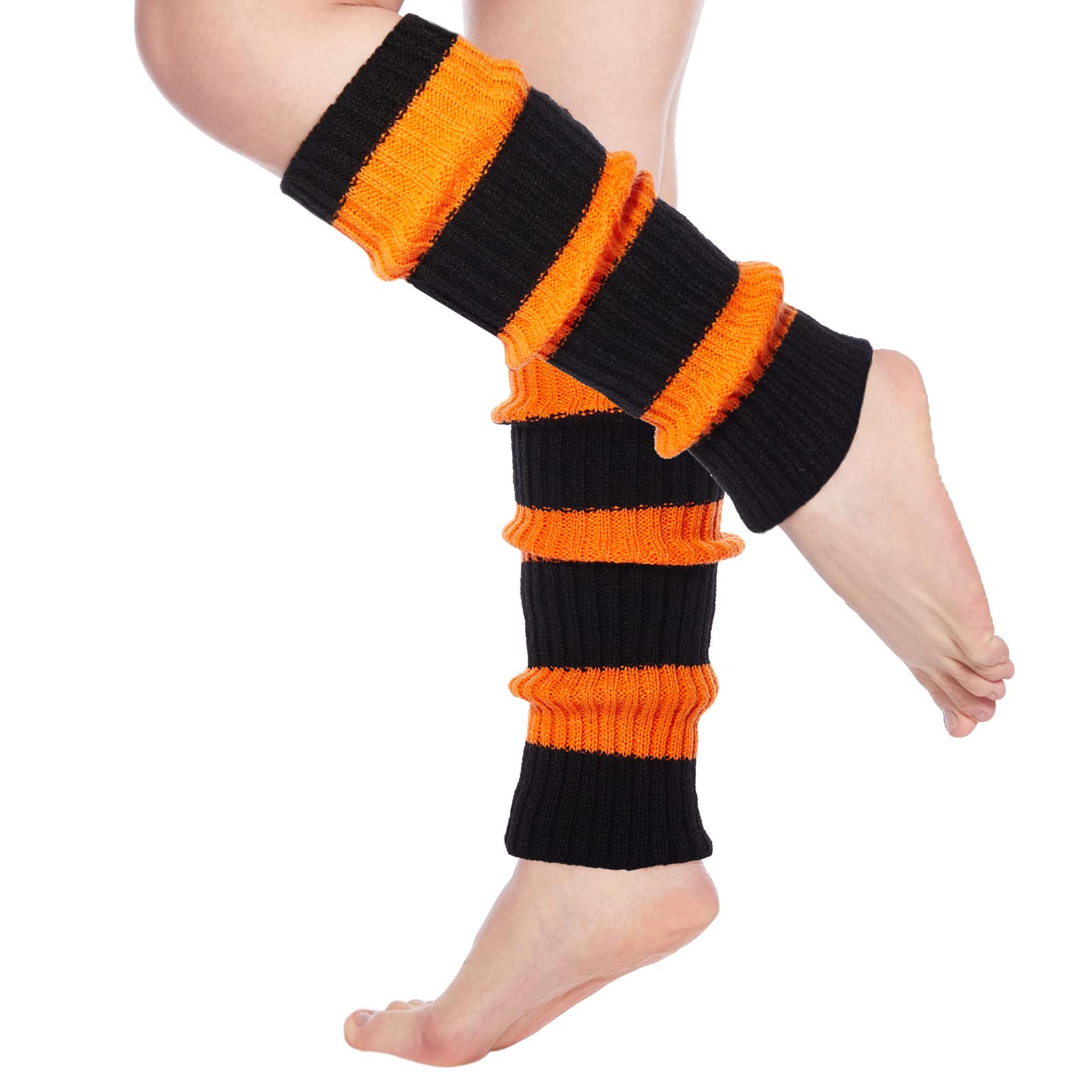 Womens Leg Warmers Neon Knitted for 80s Party Sports Yoga-Halloween black & Pumpkin - Moon Wood