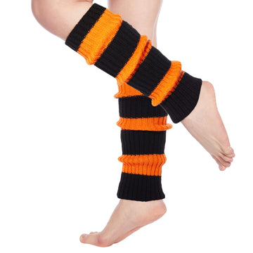 Womens Leg Warmers Neon Knitted for 80s Party Sports Yoga-Halloween black & Pumpkin