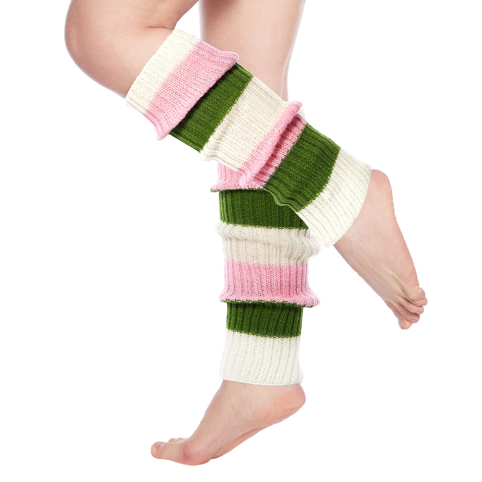 Womens Leg Warmers Neon Knitted for 80s Party Sports Yoga-Pink & Green & White - Moon Wood