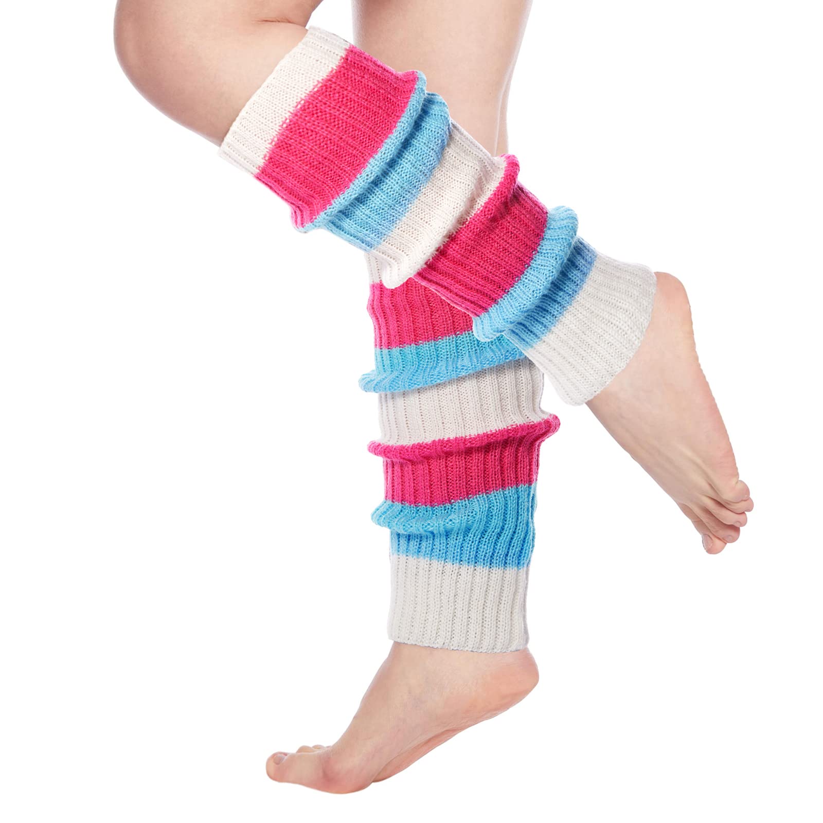 Womens Leg Warmers Neon Knitted for 80s Party Sports Yoga-Rose & Blue & White - Moon Wood