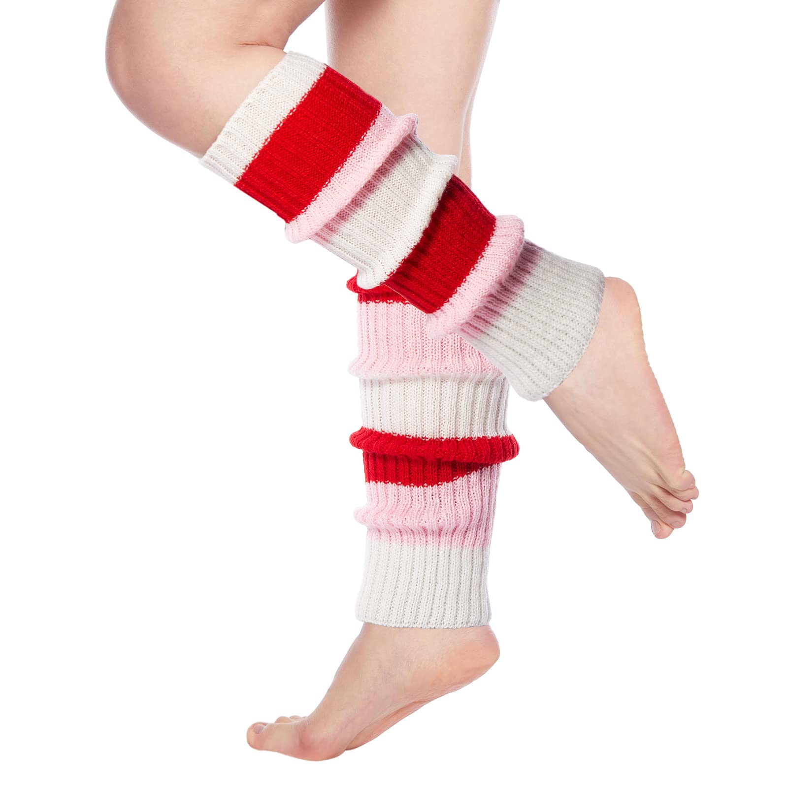 Womens Leg Warmers Neon Knitted for 80s Party Sports Yoga-Valentines-pink & Red & Milky White - Moon Wood