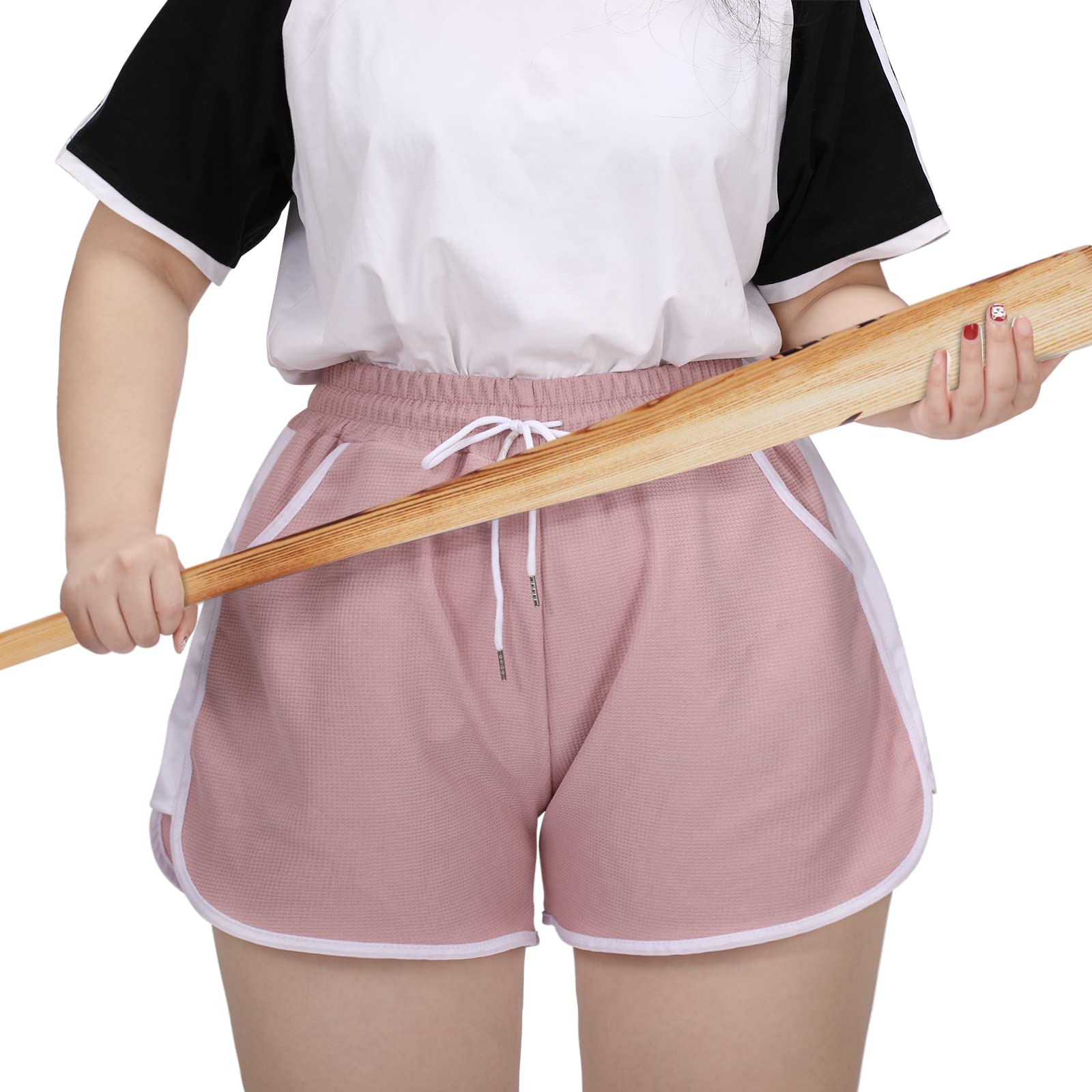 Womens Waffle Shorts Drawstring Elastic Waist Shorts-Pink - Moon Wood