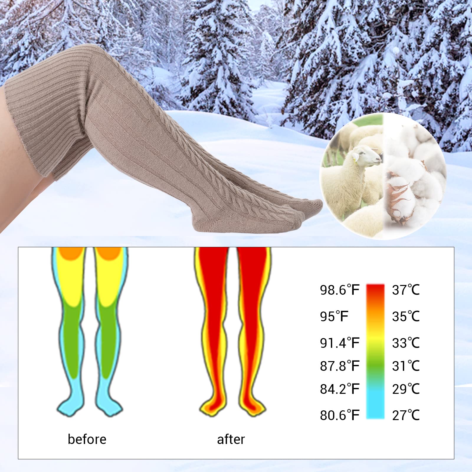 Wool Plus Size Thigh High Socks For Thick Thighs-Beige - Moon Wood