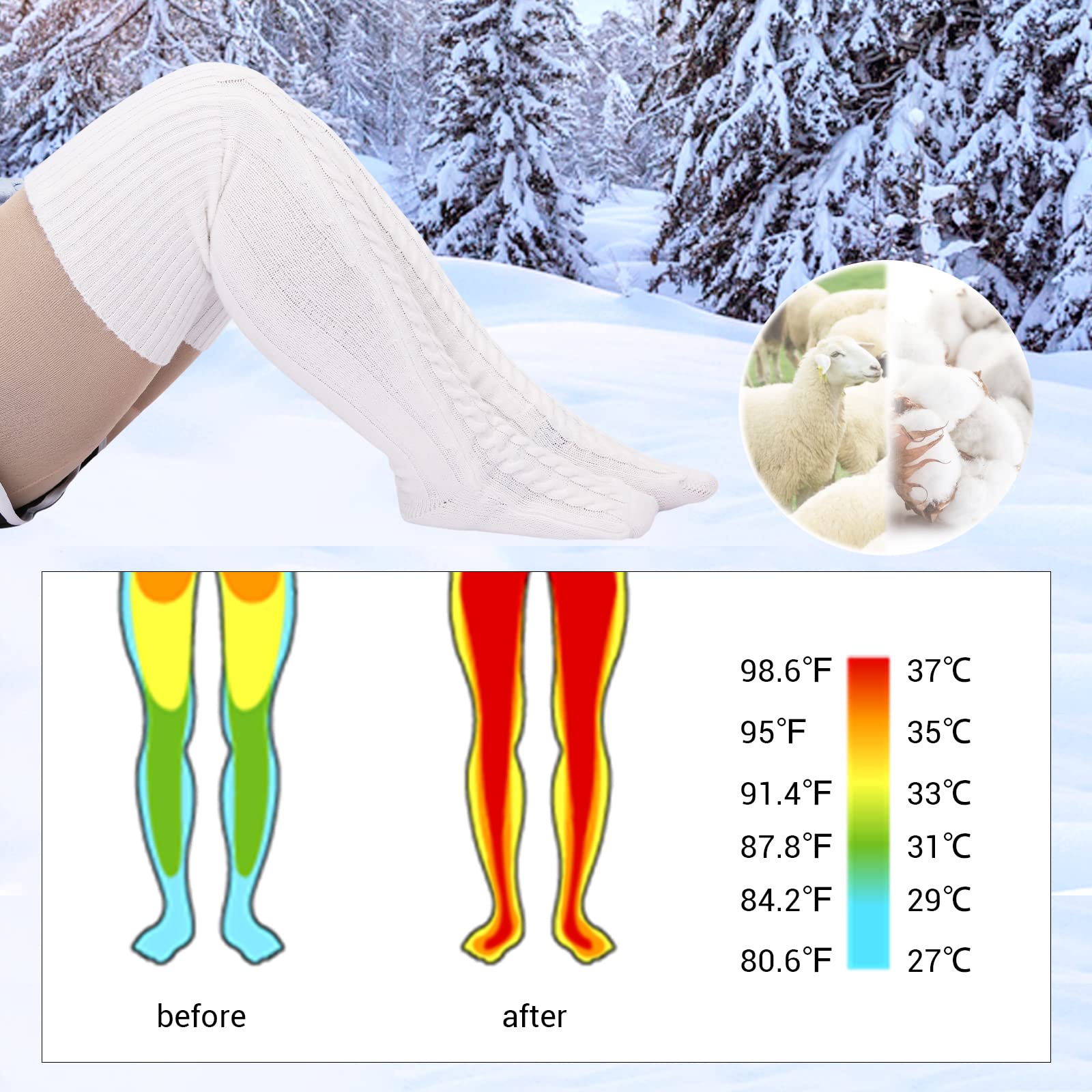 Wool Plus Size Thigh High Socks For Thick Thighs-White - Moon Wood