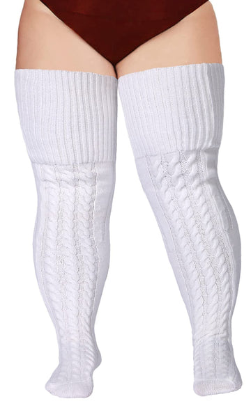 Chaussettes hautes en laine grande taille pour cuisses épaisses - Blanc 