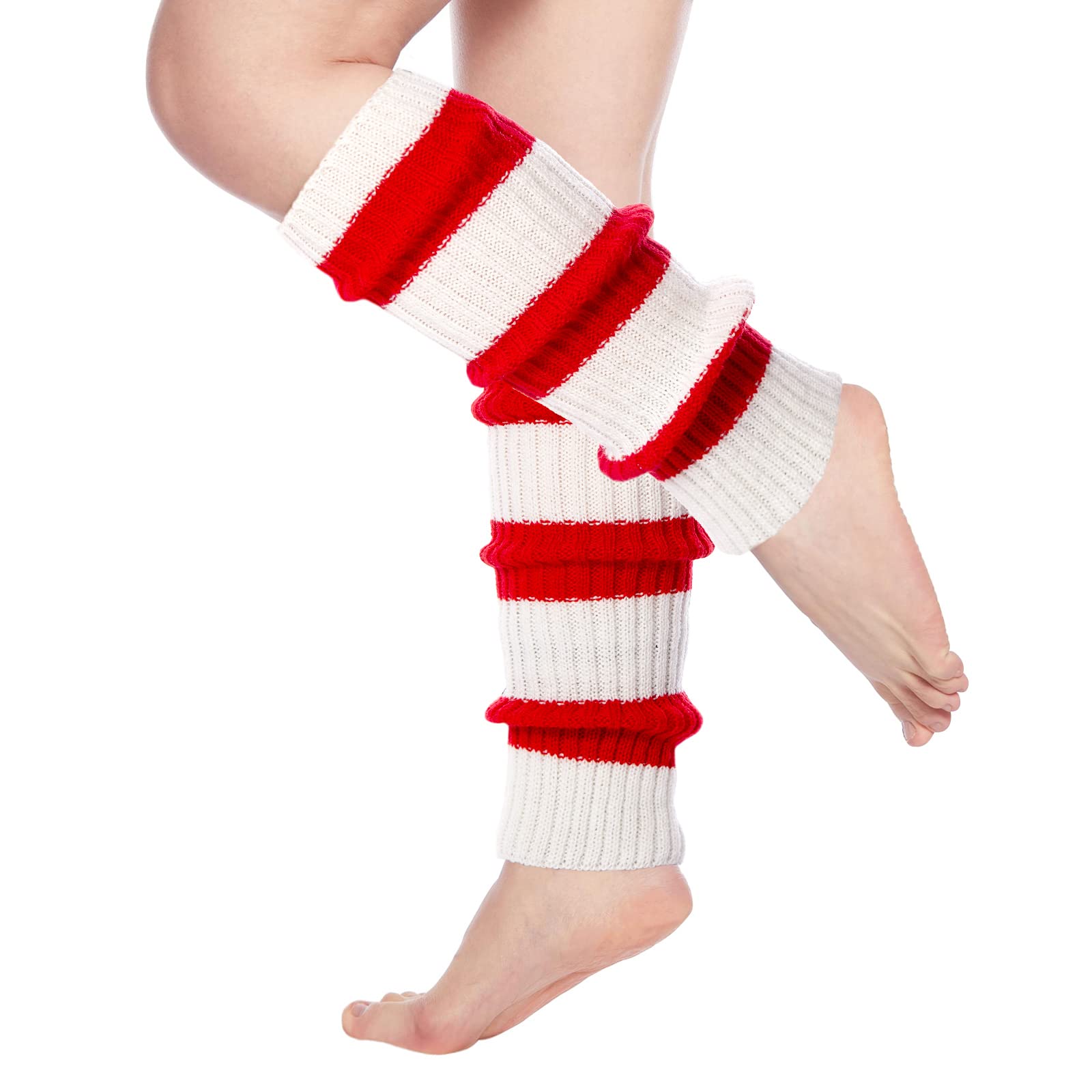 Womens Leg Warmers Neon Knitted for 80s Party Sports Yoga-Christmas white & Red - Moon Wood